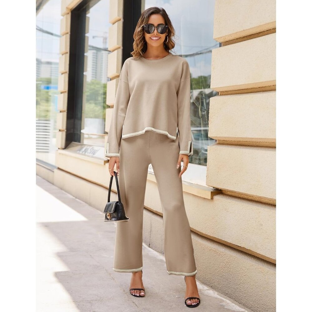 Women's Khaki Long Sleeve Knit Sweater Top & Wide Leg Pants Lounge Set - Picture 2 of 6